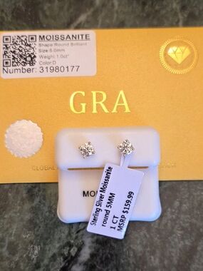 ✨ GRA Certified 1 Carat Moissanite Stud Earrings | Sterling Silver Gold Tone ✨